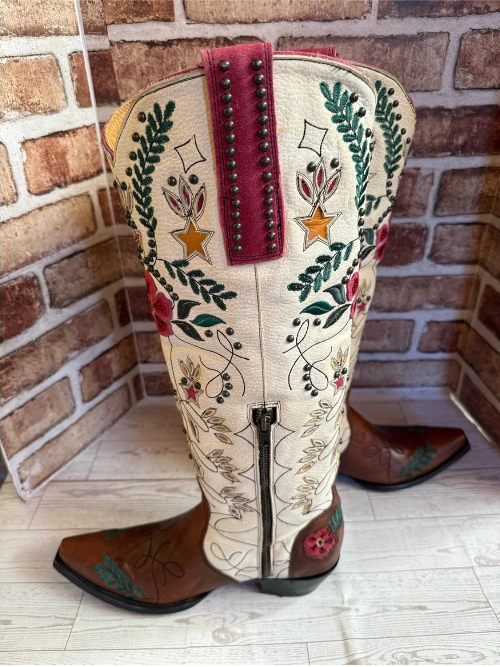 Old Gringo Embroidered Floral Tall Western Boots - Cream & Brown